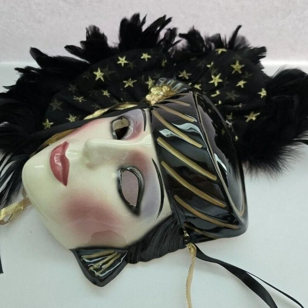 Vintage Ceramic Masquerade Wall Mask Black Gold Stars Feathers Art‎ Deco Style